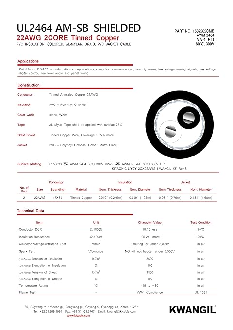 KWANGIL 2C 22AWG AMSB Shielded Cable Wire (UL2464) - Highly Flexible Str TC, PVC Ins, OS+TC BRD, PVC JKT for CNC Machine, Stepper Motor, VFD Spindle (Matte Black 50FT)