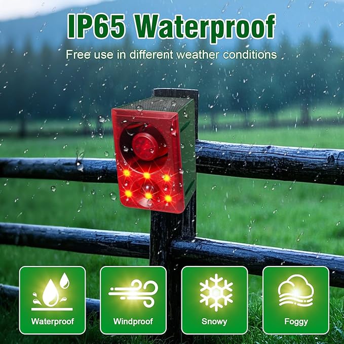 ChunHee Solar Outdoor Motion Sensor Alarm with Dog Barking Gunshot Sound, Support Recording and Adjustable Volume, 130db Loud Noise Maker 3 Work Modes Strobe Light for Home, Villa, Farm, Barn (6pack)