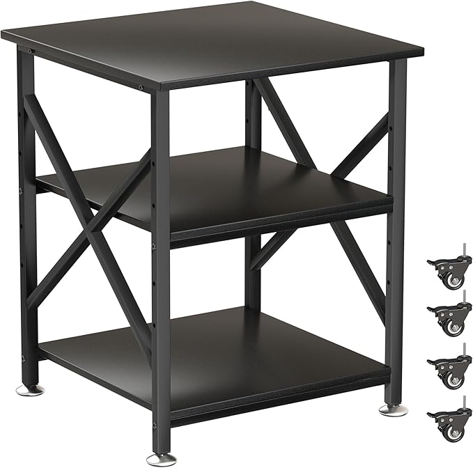 Printer Stand, 23.6 x 23.6 Inches Large Printer Stand with Adjustable Storage Shelf, 3 Tier Printer Table for Home Office, Rolling Printer Cart with Industrial Wheels, Mini Fridge Stand Table, Black