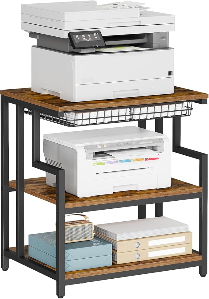 HOOBRO 23.6'' x 19.7'' Extra Large Printer Stand with Drawer, Printer Table with Adjustable Shelf, 3-Tier Printer Cart with Storage, for Heat Press Scanner Fax, Rustic Brown and Black BF10PS01