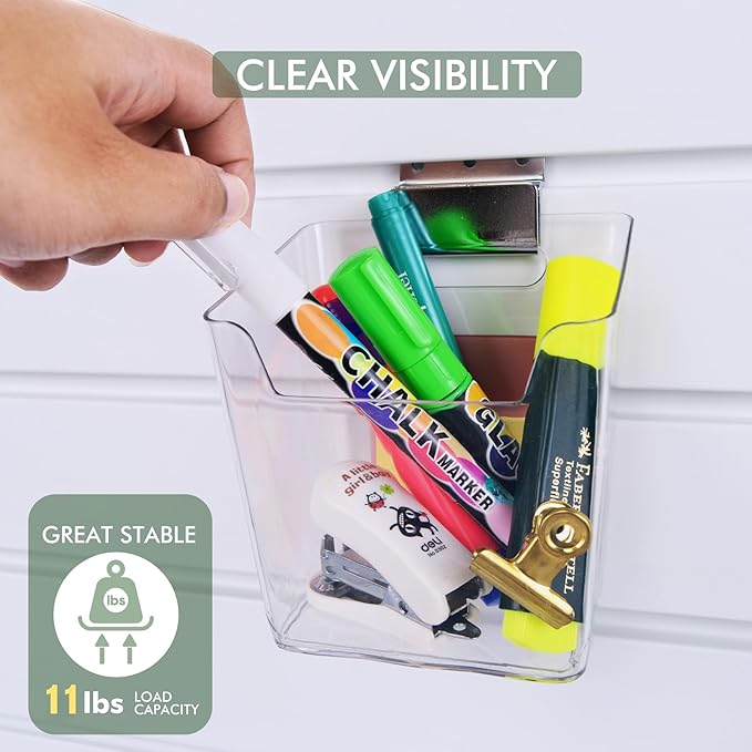 Clear Slatwall Bins, 4 Pack Slat Wall Accessories Cups Hooks Assemble Set Fit Most Slat Board Storage Systems Transparent Display Hanging Holder Organizers for Garage Shed Office Craft Tool (Small)