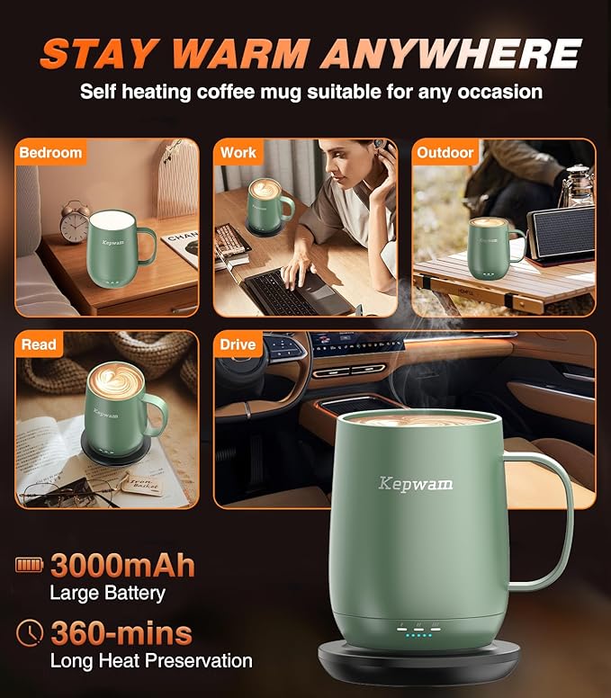 Kepwam Self Heating Coffee Mug T2, 16oz Smart Heated Coffee Mug, 150 Min Battery Life - Hot up to 149℉ Temperature Control Coffee Mug Warmer, Gifts for Dad Mom (No APP)