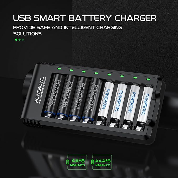 POWEROWL 8 Bay AA AAA Battery Charger 2 Pack, USB High-Speed Charging, Independent Slot, for Ni-MH Ni-CD Rechargeable Batteries