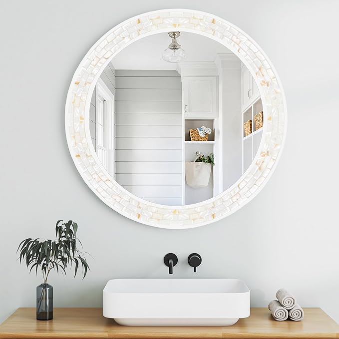 Tanmicoshomy Round Bathroom Mirror 26 Inch, Circle Mirror with Natura Shell Inlay Frame, Decorative Round Mirror for Bathroom Bedroom Living Room Entrayway
