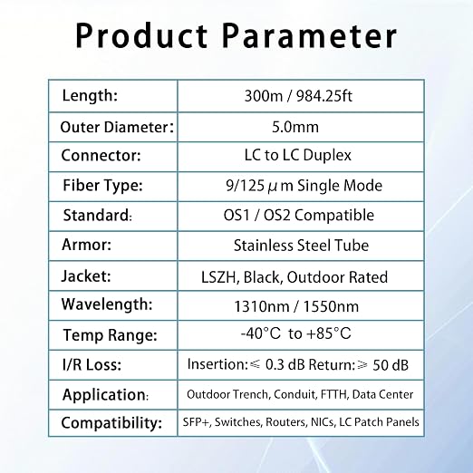 300M/984FT LC to LC Armored Outdoor Fiber Optic Cable, Single Mode Duplex - Image 6