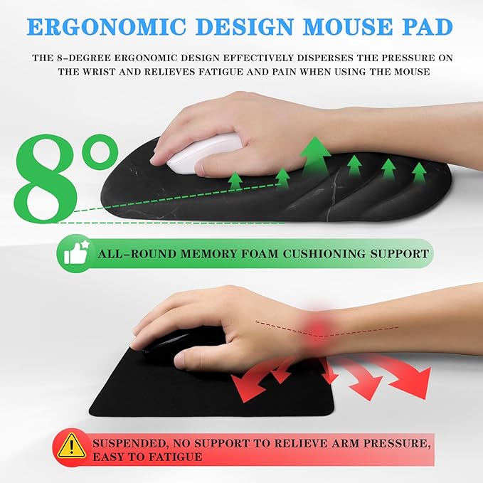 Mouse Pad Wrist Wrist Rest, Comfortable Memory Foam Wrist Rest, Non-Slip PU Base, Ergonomic Wrist Support and Arm Rests for Gaming, Office, Computer Use, Relieve Typing Pain （Black Marble）
