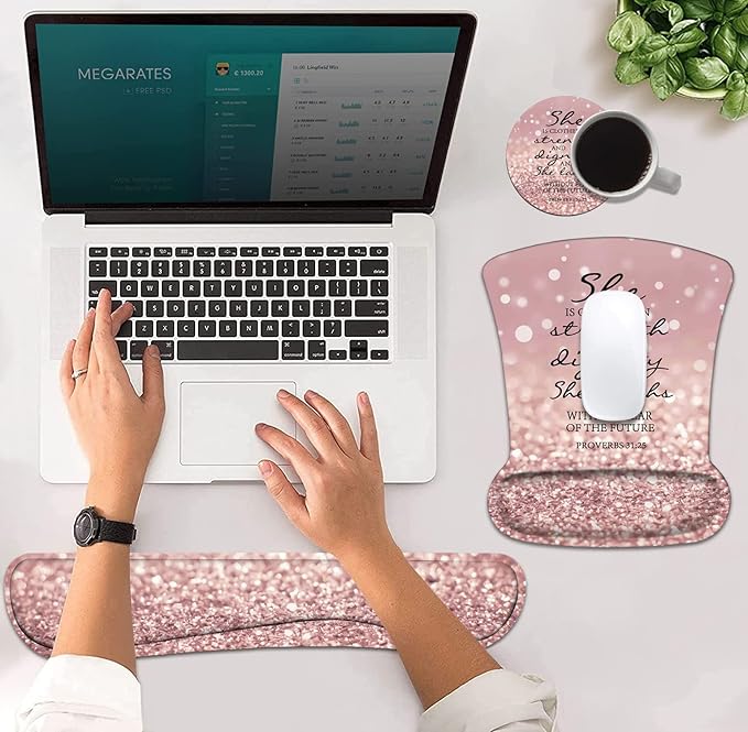 Ergonomic Mouse Pad Wrist Support and Keyboard Wrist Rest Set with Coasters, Non-Slip PU Base, Easy Typing and Relieve Wrist Pain, Perfect for Home Office Working Studying, Bible Verses Proverbs 31:25