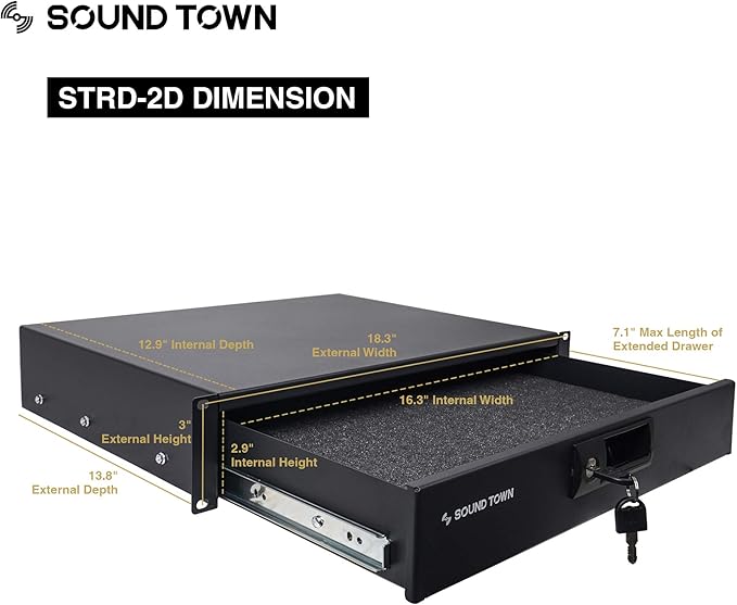 Sound Town High-Quality 1/2” (12mm) Plywood 10U PA DJ Pro Audio Rack/Road ATA Case with 11U Slant Mixer Top, Locking Drawer, 20’’ Rackable Depth and Casters (STMR-10D2)