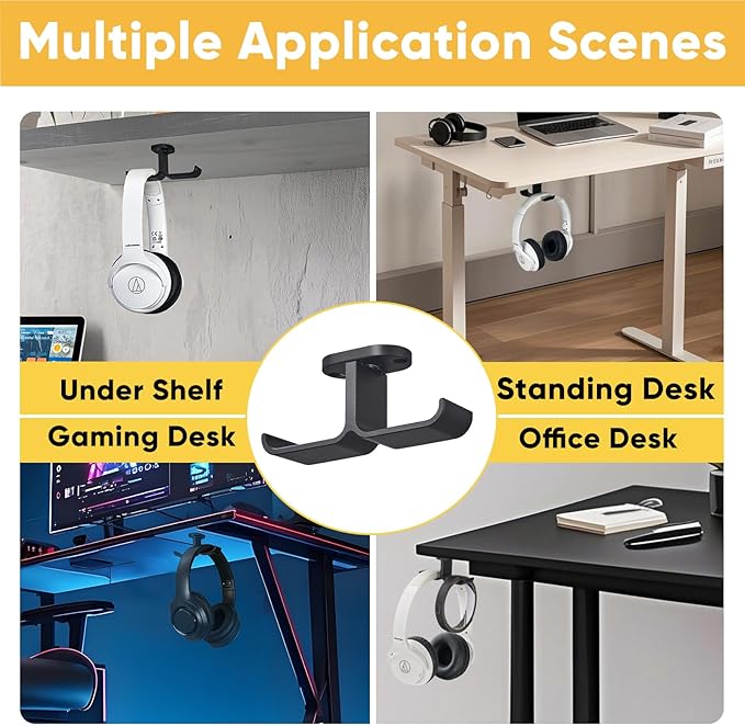 Under Desk Headphone Hanger with Strong Adhesive and Screws Mount, 360° Rotatable Dual Headset Holder Stand, Aluminum Metal Adjustable Headphone Hook, Perfect for Home Gaming & Office - Black