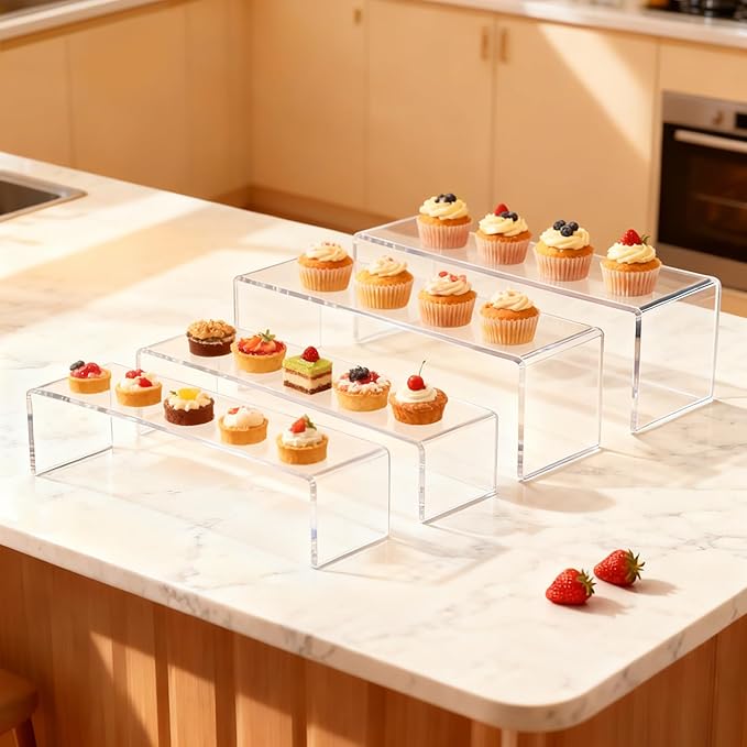 Blaithom Acrylic Display Riser Stand,4Pcs 12'' Length Tier Display Stands, Thickened to 0.2''(5mm) Acrylic Shelf Risers for Perfume Display,Risers for Buffet Table,Cupcake Stand,Pop Figurines,Tumbler,Food