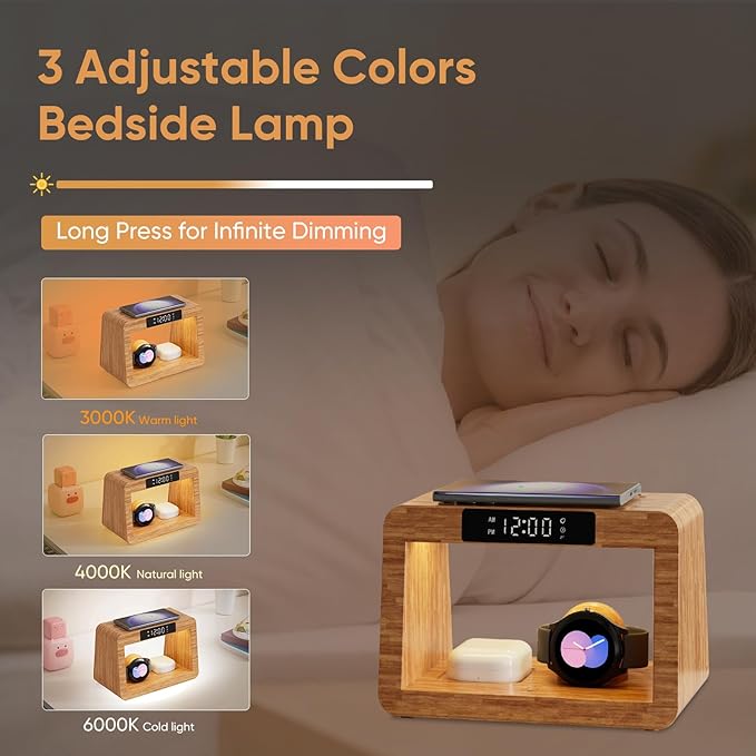 Bamboo Wireless Charging Station, 3 in 1 Charging Station with Light & Clock for Samsung & Android Phone, Wireless Phone Charger Station Only for Samsung Watch