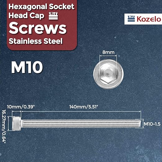 Kozelo 2pcs Socket Head Cap Screws - [M10-1.5 x 140mm] 304 Stainless Steel Allen Socket Drive for Electrical Motor 3D Printing Fan Engine Replacement Use, Silver