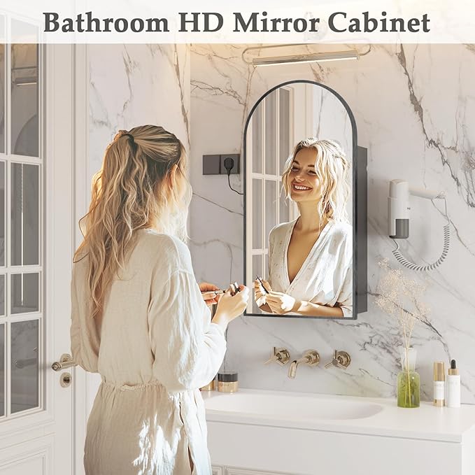 Arched Medicine Cabinet with Mirror,Bathroom Medicine Cabinet Wall Mounted,Bathroom Vanity Mirror with Storage 2 Power Outlets,Mirrored Cabinet with Adjustable Shelf, 20X34 Inch Black