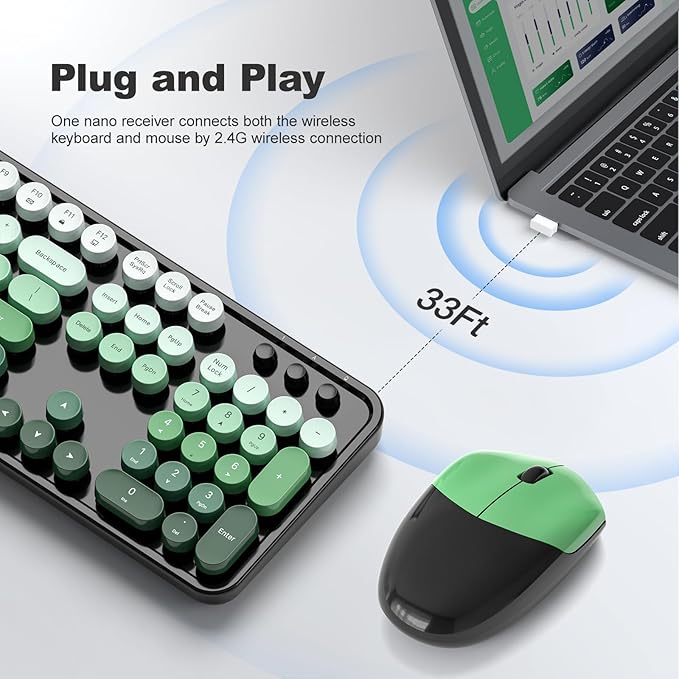 MOFII Wireless Keyboard and Mouse Combo, Full Size 2.4G Plug and Play Typewriter Retro Round Computer Keyboard and Mouse Set for Windows, Computer, Desktop, PC, Notebook - (Black Green Gradient)