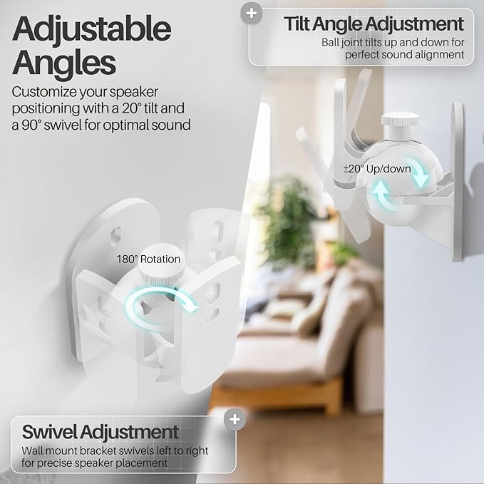 TNP Universal Satellite Speaker Wall Mount Bracket Ceiling Mount Clamp with Adjustable Swivel and Tilt Angle Rotation for Home Theater Surround Sound System Satellite Speakers - 6 Pack, White
