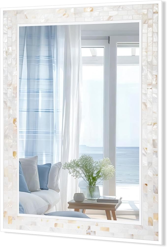 Tanmicoshomy White 24 x 36 Inch Rectangle Bathroom Mirrors for Wall, Natural Shell Framed Wall Mounted Mirror for Bedroom, Living Room or Entryway, Horizontal or Vertical Hanging