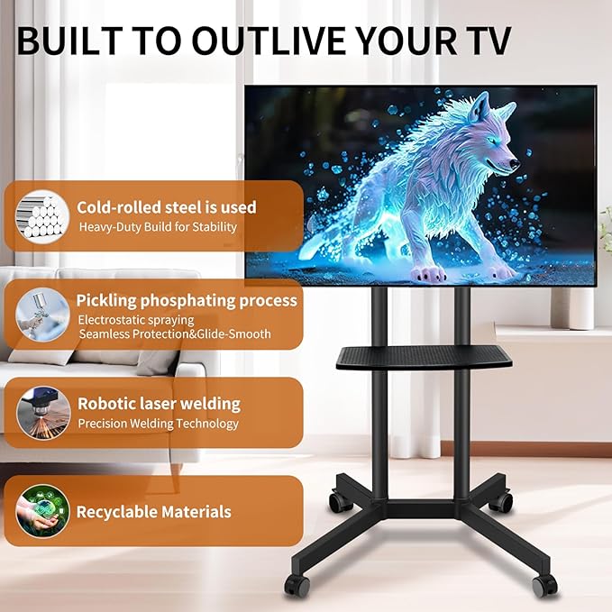 Solid Grace Rolling TV Stand with Wheels for 32-75 Inch TVs up to 88lbs, Portable TV Stand with Shelf, Mobile TV Cart for Living Room, Office, Meeting Room, Outdoor（MT2007 Upgrade Version）