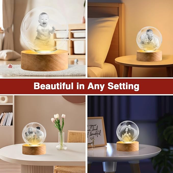 LOVEVEN Personalized 3D Crystal Ball Night Light - Custom Photo Snow Globe Lamp for Valentine‘s Day, Anniversary, Birthday - Memorial Keepsake Gift for Couples, Family, Pets