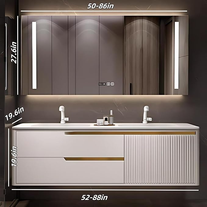 Bathroom Vanity with Double Sink - Smart Defogging Mirror & LED Lights on Both Sides, Floating Bath Sink Cabinet | 2 Drawers, Wave Shaped Panel (White, 60IN)