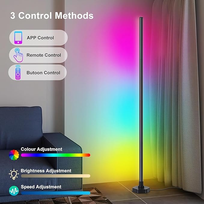 YTDRGB Corner Floor Lamp RGBW, LED Floor Lamp with APP, IF Remote Control, Music Sync, Timer and 16 Million DIY Colors, Smart Corner Light for Gaming Rooms Bedrooms