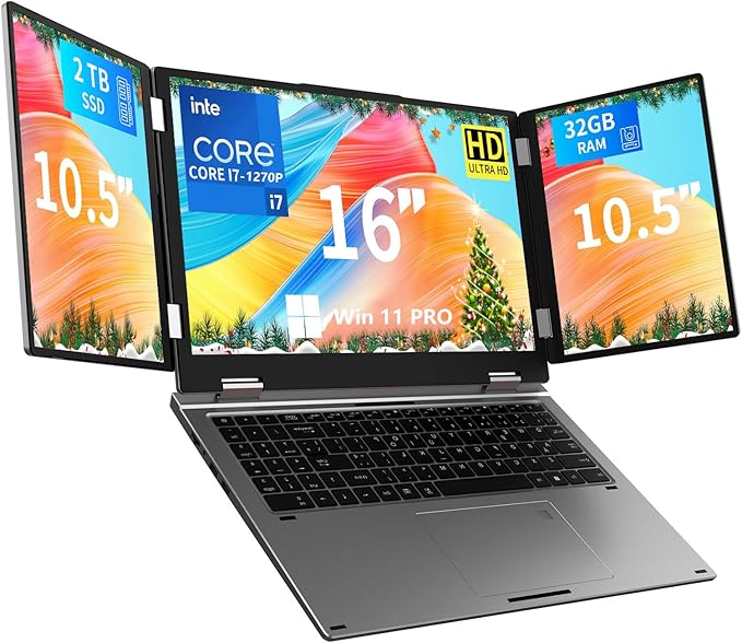 KOOFORWAY Triple Screen Laptop,16” Main + Dual 10.5” Monitors, Core i7-1270P, 32GB RAM,2TB SSD, Win 11 Pro,Wi-Fi 5,BT 5.0,Face & Fingerprint Unlock,USB-C,HDMI for Business/Design/Stock Trading