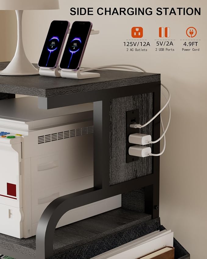 DongRong Tall Printer Stand with Storage Adjustable Shelf and Bag, 4-Tier Large Printer Table with Charging Station for Home Office, Printers Cart with Wheels for 3D Shredder Scanner Fax (Grey)
