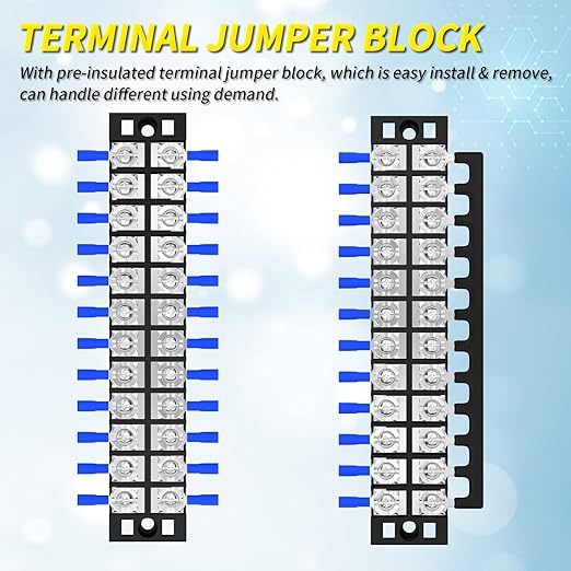 Joinfworld 35A Terminal Block 12 Position Screw Terminal Strip Dual Row with Cover and 12 Position Pre-Insulated Terminal Jumper Block - 2pcs