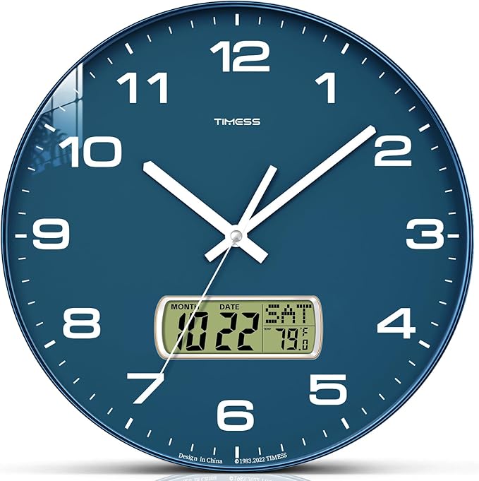 TIMESS Wall Clock, 10" Dial Non-Ticking Silent Battery Operated Analog with LCD Display for Perpetual Calendar and F° Temperature, Ideal Modern Home, Bedroom, Kitchen, Office Decor (Blue)