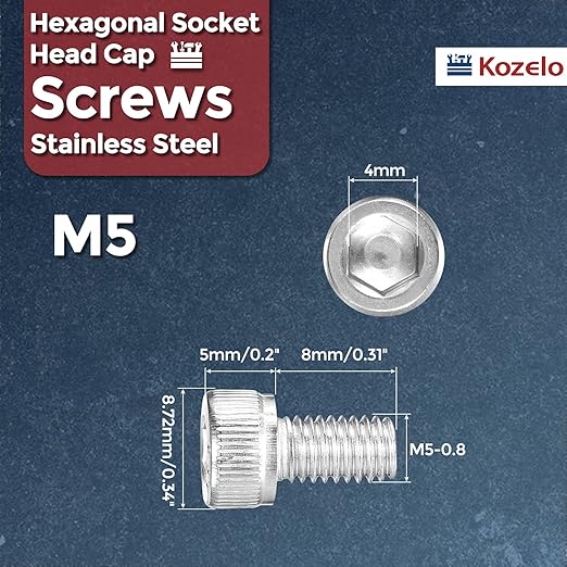 Kozelo 50pcs Socket Head Cap Screws - [M5-0.8 x 8mm] 304 Stainless Steel Allen Socket Drive for Electrical Motor 3D Printing Fan Engine Replacement Use, Silver