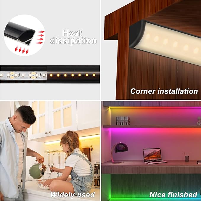VST 6pack 3.3 ft LED Channel, V Shape Led Diffuser Channel, LED Aluminum Channel System with Black Cover, End Caps and Mounting Clips, Aluminum Profile for LED Strip Light Home Decoration