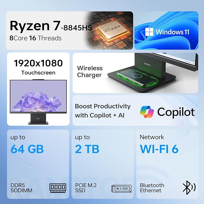 Lenovo IdeaCentre Business All-in-One PC, 27" FHD 100Hz Display, AMD Ryzen 7 8845HS, 32GB DDR5 RAM, 1TB SSD, Wi-Fi 6, Win11 Home, Wireless KB & M, Copilot-Ready, Bundle with Adata UC310 64GB