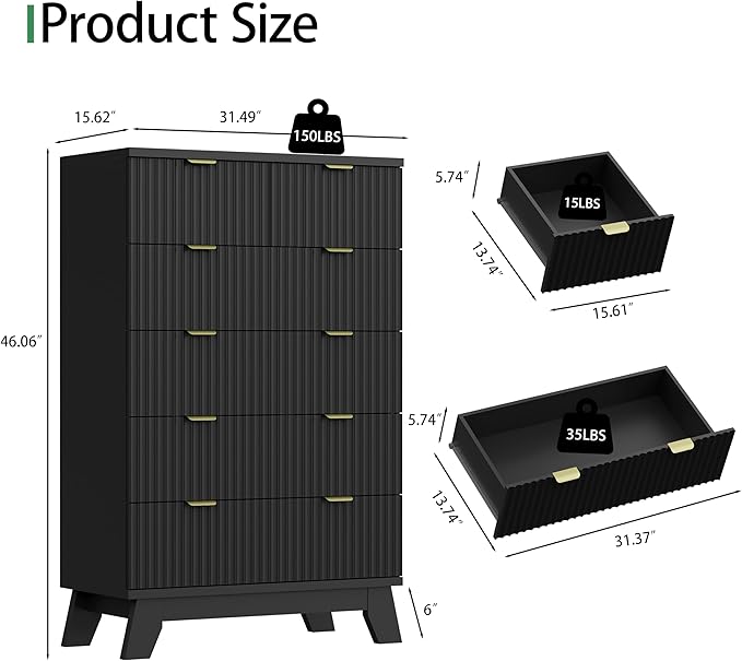 Xixini Fluted Dresser for Bedroom with 6 Drawers, 46" Tall Modern Chest of Drawers with Metal Handle, Wooden Dresser TV Stand, Wood Closet Clothes Storage Organizer for Living Room, Hallway, Black