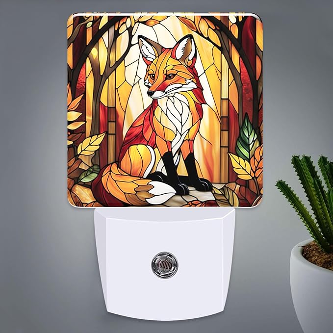 PODMemory Fox Stained Glass Night Lights Plug into Wall for Room, Fox Night Light LED for Bedroom