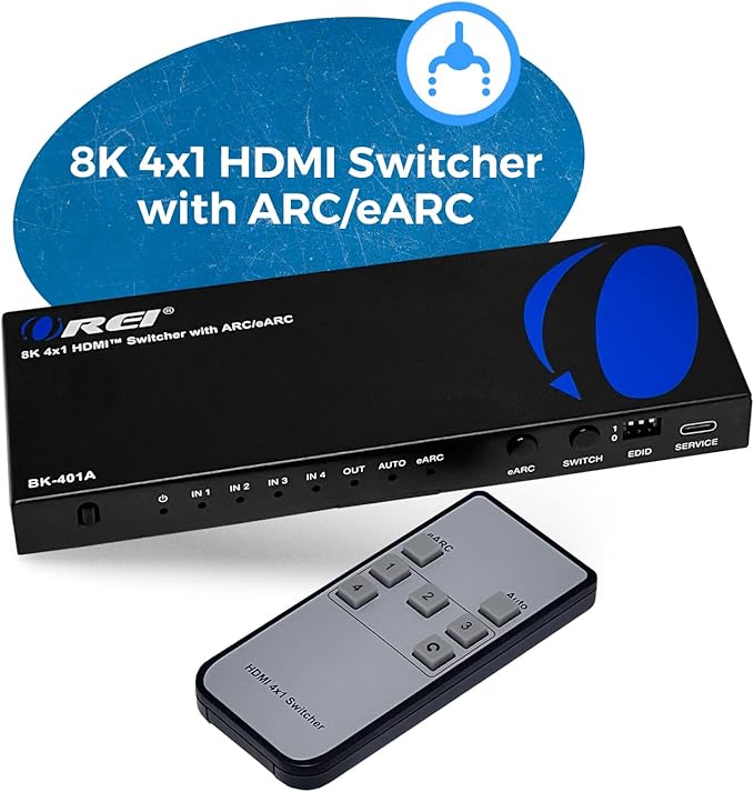 OREI 8K eARC HDMI 2.1 Switch 4x1, Switcher with Audio Extractor UltraHD Supports Upto 4K @ 120Hz PS5, Xbox, Gaming, Remote Contorl IR EDID HDCP 2.3 - Optical Out, L/R Headphones (BK-401ARC)