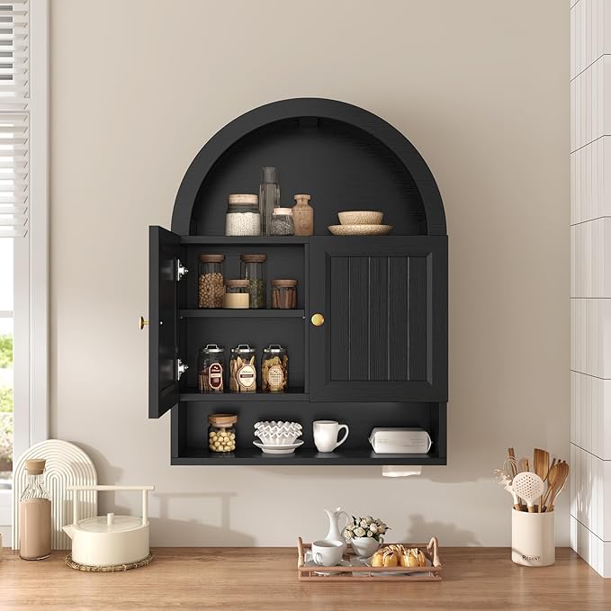 Arched Bathroom Wall Cabinet, 27.4 x 36.4'' Over The Toilet Cabinet with Grille Door, Adjustable Shelf, Wall Mounted Cabinets for Bathroom Laundry Room Kitchen (Black, 36IN)