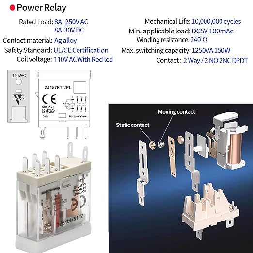 6 Pcs 8Amp Mini Relay Switch 110V 120V AC with Test Button DPDT 2NO 2NC Socket Base with Indicator LED Light UL Certification