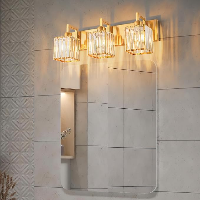 FDPBY Modern Bathroom Vanity Light 3-Lights Gold Crystal Wall Lamp Bathroom Modern Crystal Vanity Lighting
