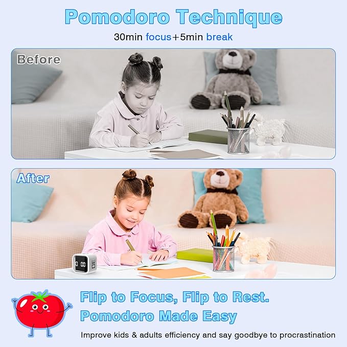 Cube Pomodoro Timer, Smart Productivity Timer 5/10/30/60 Minutes & Custom Countdown, Pause & Resume, Adjustable & Silent Visual Timer, Portable Rotation Multi Desk Timer for Study Task Work Kitchen