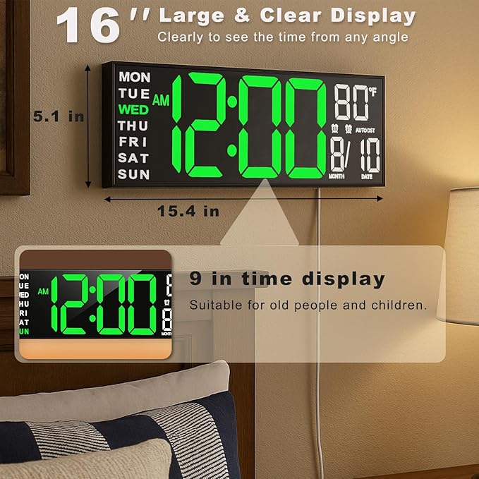 TrophyRak 16" Large Digital Wall Mount Clock, Count Down Timer, Alarm, Big LED, RGB Color, DST, Temperature for Living Room Classroom Desk, Wall, Xmas, Birthday Gift for Senior Mom Dad, Green White