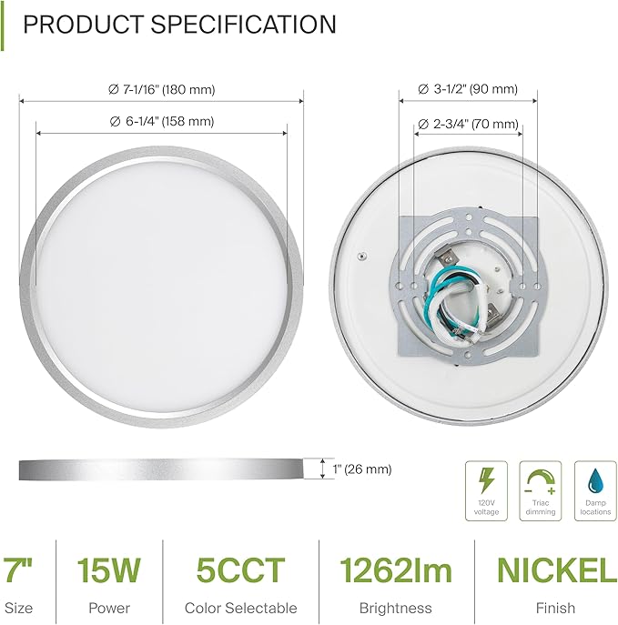 ASD LED 7" Round Flush Mount Ceiling Light Fixture, Low Profile Surface Lighting | 5CCT, Dimmable, Ultra-Thin, ETL Listed | 15W 1260LM 2700-6000K 120V | Kitchen, Hallway Lamp | Nickel, 12 Pack