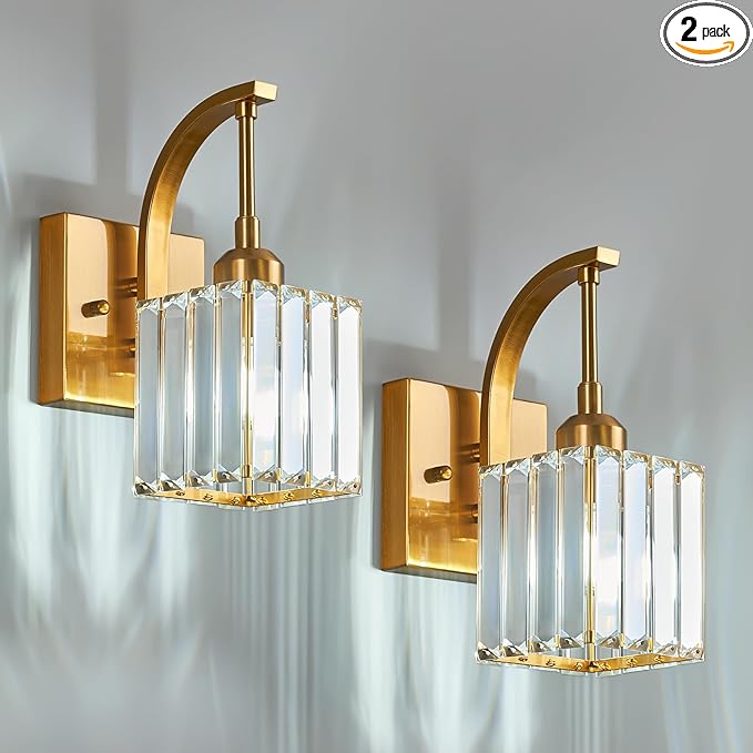 FDPBY Wall Sconces, Set of 2 Gold Crystal Vanity Lights, Modern Wall Lamp for Bathroom, Hallway, and Makeup, Easy Installation