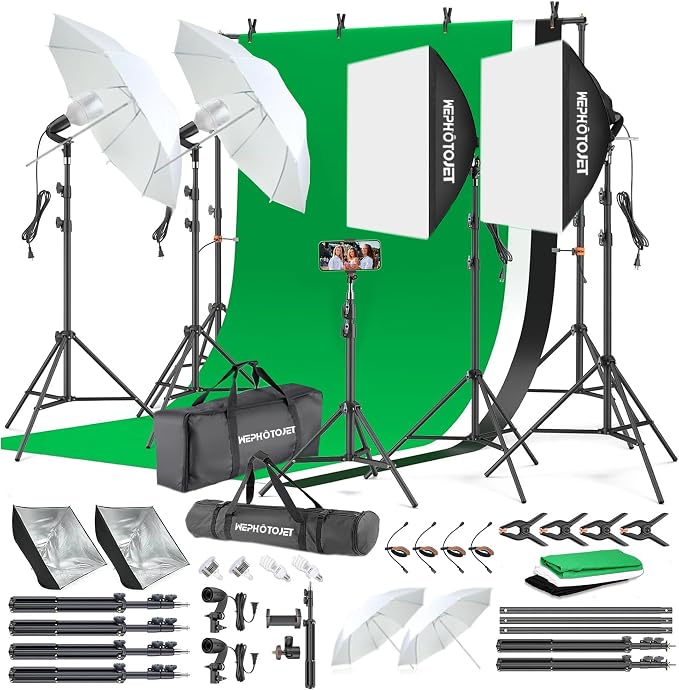 Photography Softboxes Kit with 6.6x10ft Backdrop Stands, 5 Tripod Stands by WEPHOTOJET