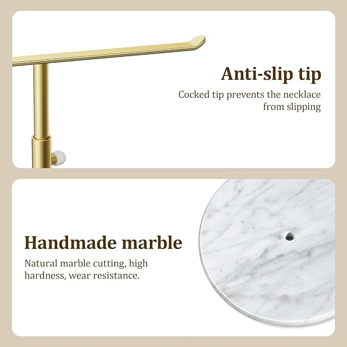 Josmimic Gold Necklace Holder Jewelry Organizer Stand – Adjustable Height T‑Bar Jewelry Display with White Marble Base, Necklace & Bracelet Holder, Countertop Jewelry Stand
