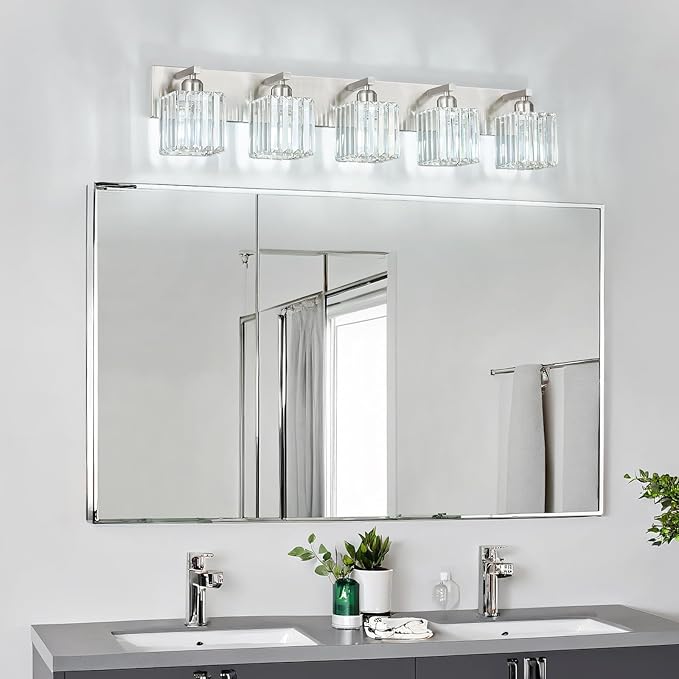 FDPBY Modern Vanity Light 5-Lights Brushed Nickel Vanity Light Crystal Bathroom Wall Light Bathroom Light Fixtures