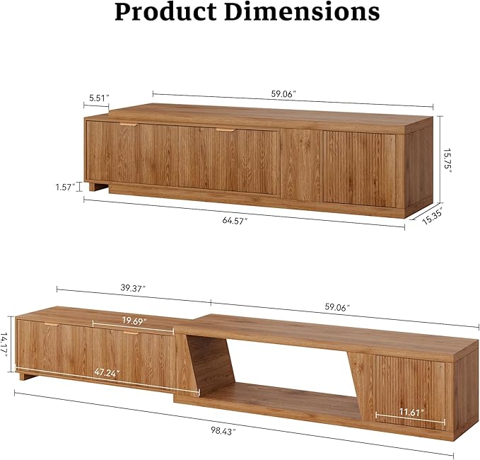 Epecoya Extendable TV Stand with Storage Cabinet Wooden, Mid Century Modern TV Stand with Adjustable Shelf and Drawers, Extra Long TV Stands for Living Room Fluted, Warm Brown Oak (64.57" W-98.43" W)