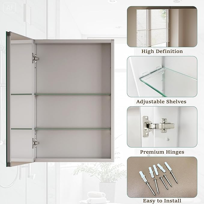 Bathroom Medicine Cabinet with Mirror, 30 Inch x 24 Inch Bathroom Mirror Cabinet with Single Door & Adjustable Shelves, Surface Mount or Recess Installation