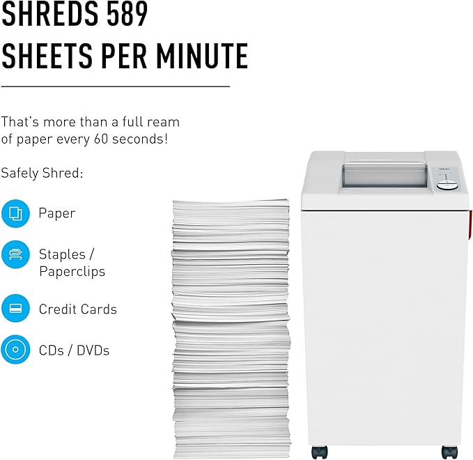 Ideal. 2604 Strip-Cut Centralized Office Paper Shredder, Continuous Operation , 27–30 Sheet Feed Capacity, 26 Gallon Bin, Shred Staples/Paper Clips/Credit Cards/CDs/DVDs, 1 HP Motor, P-2 Security