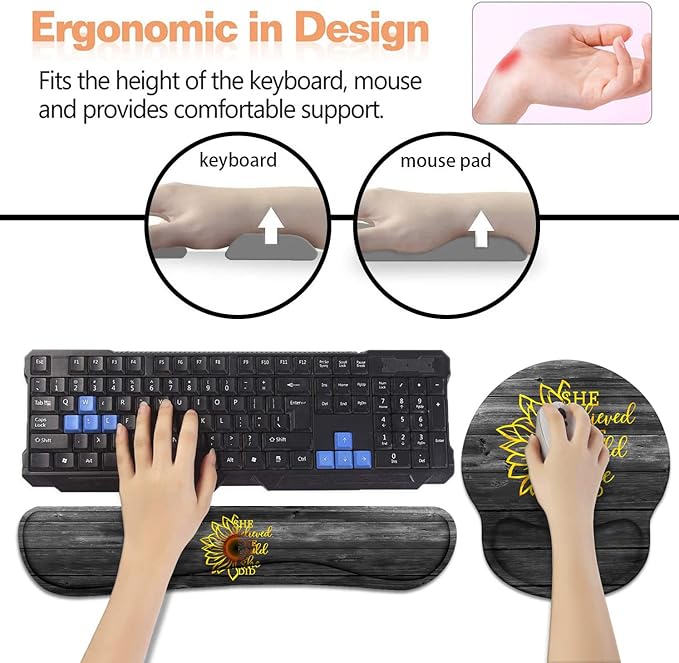 Keyboard Wrist Rest + Mouse Pad Wrist Support Set with Coasters, Inspirational Quote She Believed She Could So She Did Design Non-Slip PU Base Ergonomic Mousepad for Home Office Working Studying