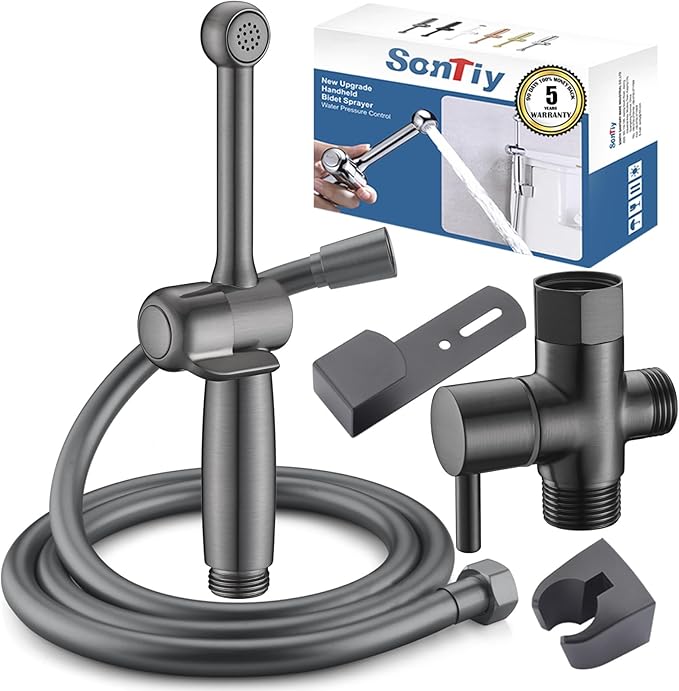 SonTiy Handheld Bidet Toilet Sprayers Black Stainless, Cloth Diaper Sprayer Bathroom Hand Held Jet Spray Bidet Attachment for Toilet with Adjustable Pressure Control, Solid Brass, 7.9" Bidet Wand