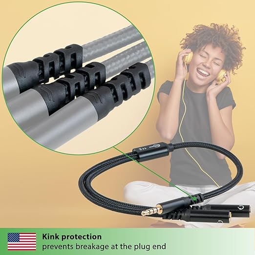 fouraces AUX y Splitter - 4 Pole, Adapter Cable Very Short - 1 ft - 3.5 mm - 2 Headphone Connections for PC, PS4, Microphone - Jack Crossover, Audio Splitter for Two People